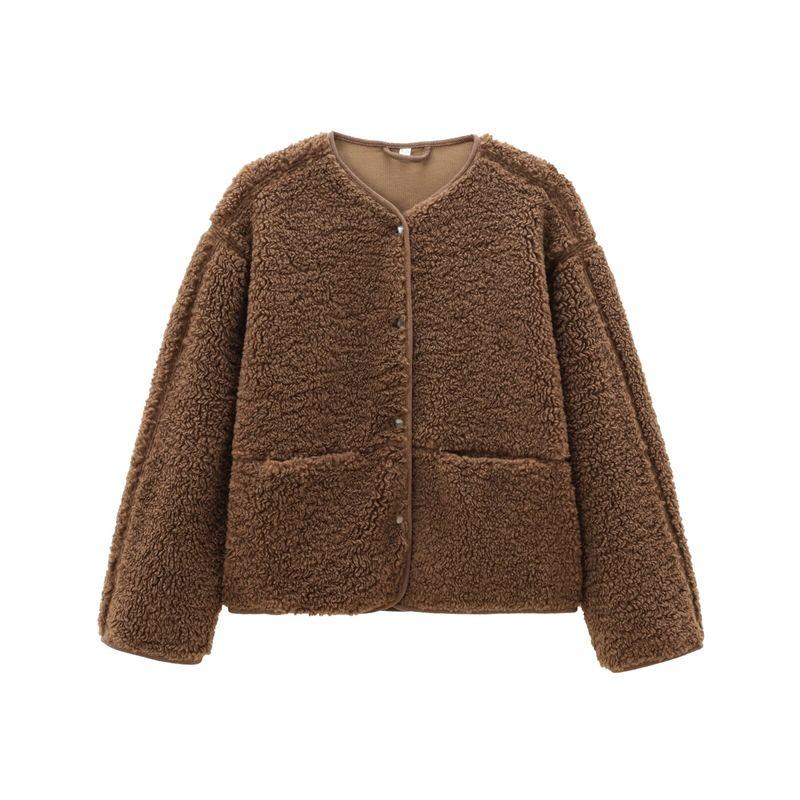 

Kaslead Новое поступление Женская одежда Модный стиль Модный круглый вырез Однотонный Комфортный Плюшевый жакет-тедди 1228915 Brown L