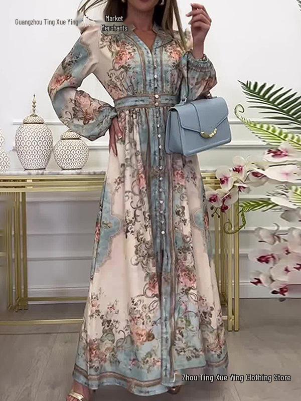 Retro European & American Women's Long Sleeve Spring Dress with Waist-Cinching, Big Hem, and Printed Design.