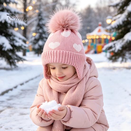 Elastic Ear Protection Cap Kids Winter Knit Hat, Warm Soft Cute Pompom Cozy Gift for Children Heart Pattern, Earflap Hat Boys Girls Toddlers Pom