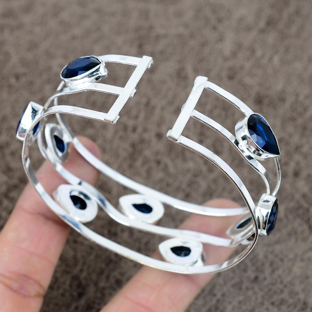 London Blue Topaz Gemstone 925 Sterling Silver Cuff Bangle Adjustable KKG-204