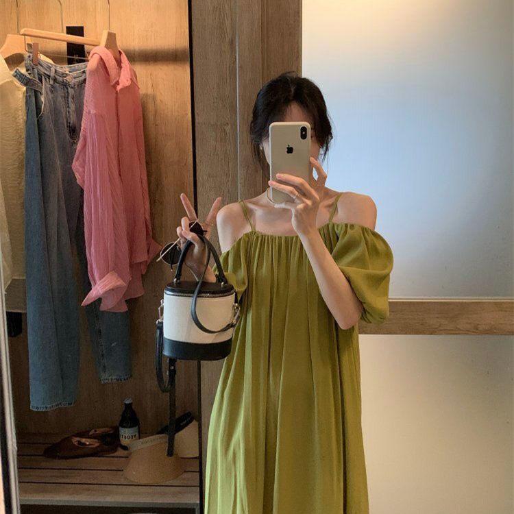 French suspender one-word shoulder green dress women's summer 2026 new loose off-the-shoulder high-end dress