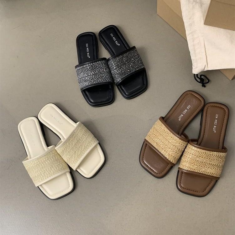 Fashion Summer Weave Women Beach Slippers Concise Open Toe Slide Ladies Outdoor Comfort Soft Sole Sandalias