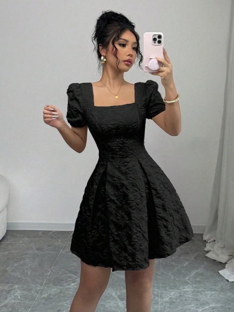 Summer Slim Fit Women's Elegant Lace Solid Color Bubble Sleeve Square Neck A-Line Dress