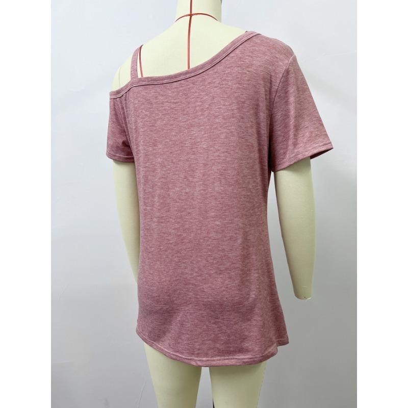 New Summer Women's Simple Short-sleeved Metal Button Pleated T-shirt Top