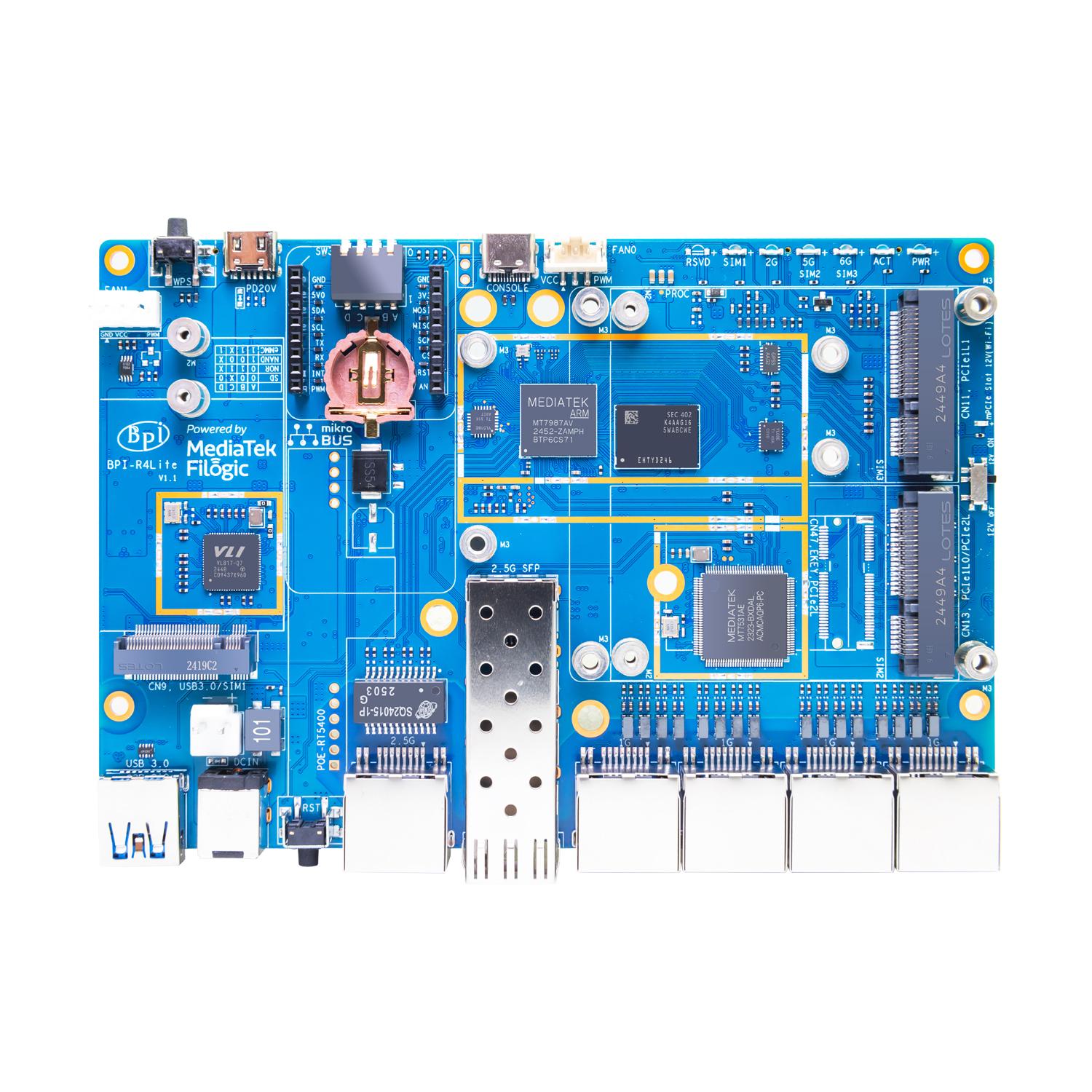 

Banana Pi BPI-R4 Lite MediaTek MT7987A 2GB DDR4 8GB eMMC 256MB SPI-NAND Розумний маршрутизатор Домашня автоматизація Wifi 7 Бездротова плата маршрутизатора