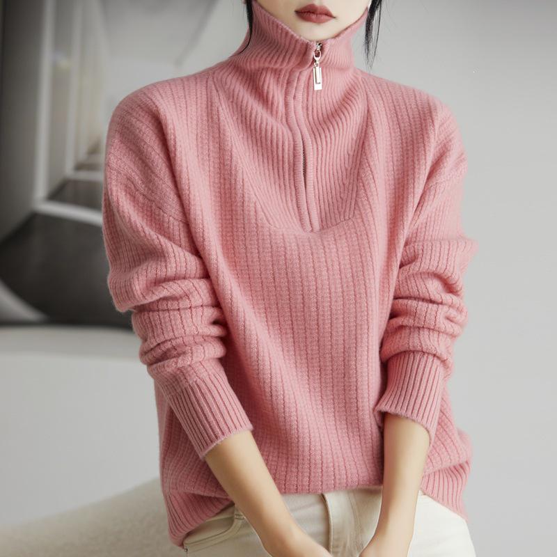 Women's 100% Wool Half-Zip Sweater - Thickened Lapel, Autumn/Winter, Loose Fit Sweater Top.