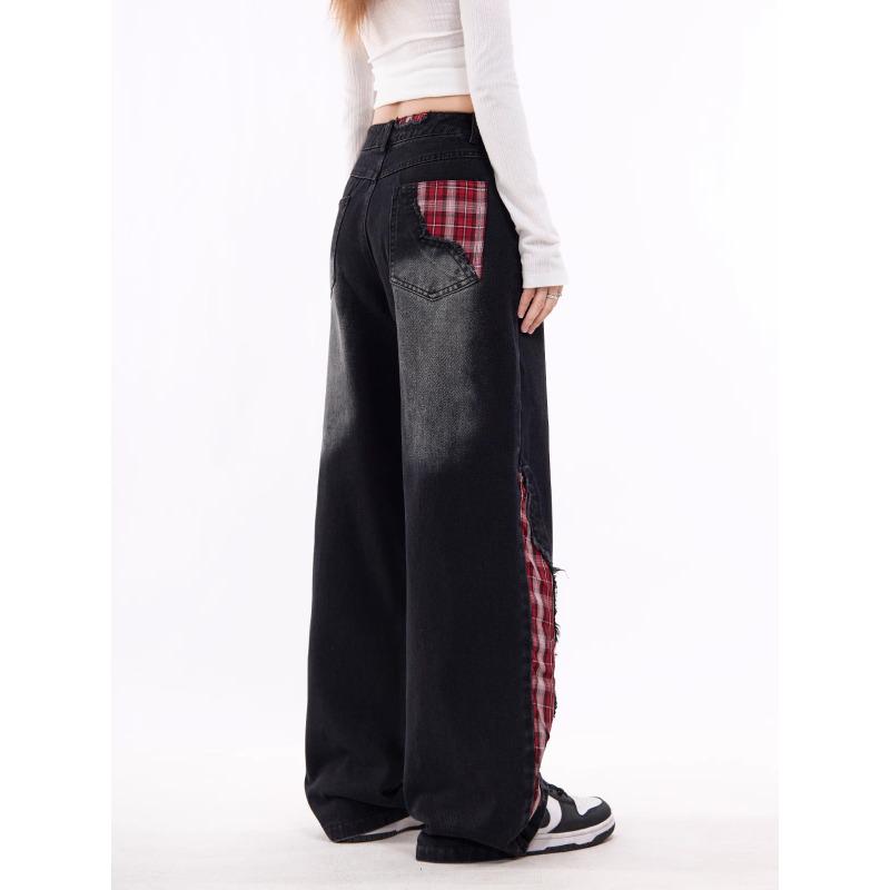 Women's Plaid Patchwork Wide-Leg Jeans with Bow Tie - Trendy Spring Casual Trousers
