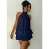 Fashion Sexy Backless Halter Neck Slim Waist Solid Color Women Mini Dress