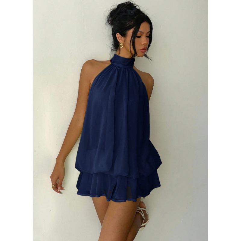 Fashion Sexy Backless Halter Neck Slim Waist Solid Color Women Mini Dress