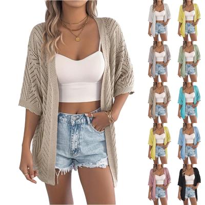 Women's Casual And Fashionable Color Hollow Out Mid Sleeve Knitted Cardigan
