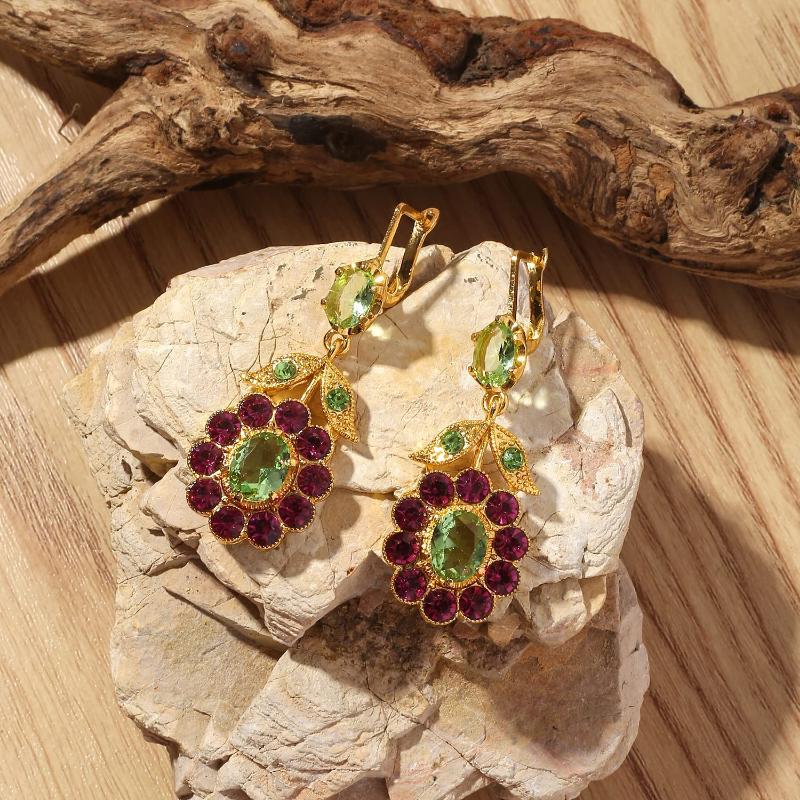 Vintage Inlaid Green Earrings Flower Leaf Dangle Earring Women's Ear Jewelry Gift