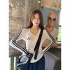 2026 Spring Korean Color Block V-Neck Long Sleeve Women's T-Shirt with Versatile Striped Embroidery Design