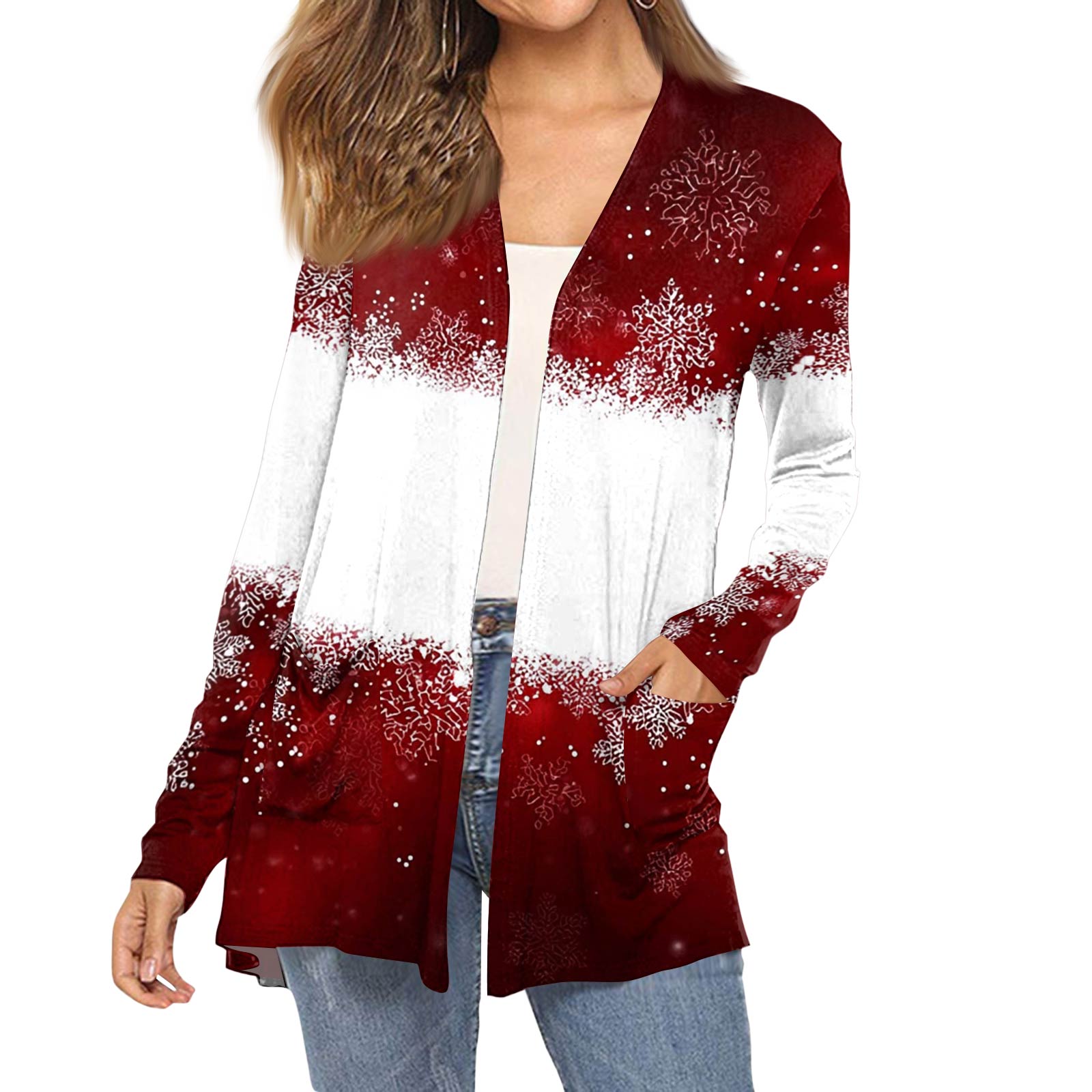 

Женский модный кардиган-пальто с длинным рукавом, карманами, приталенного силуэта и рождественским принтом XL белый