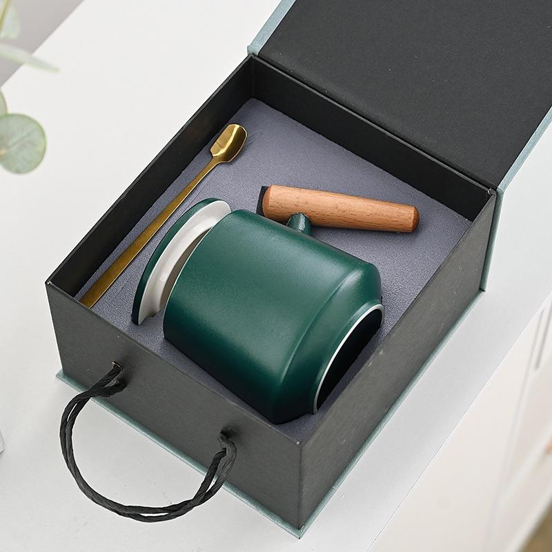 Ceramic Coffee Mug with Wooden Handle, Lid & Spoon, Gift Set for Office & Home