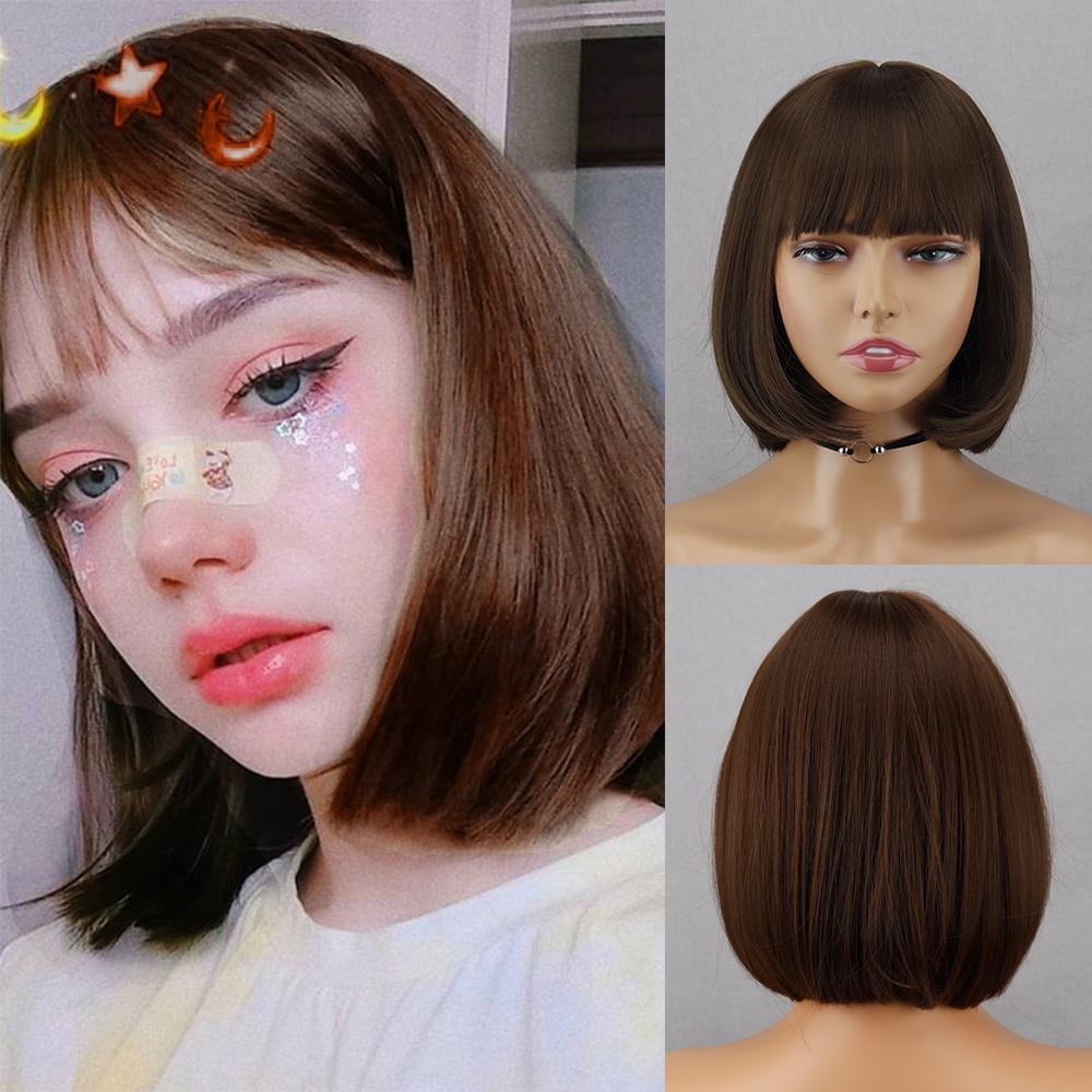 LISI HAIR Synthetic Short Straight Bob Wig Extension With Bangs Natural Looking Heat Resistant Fiber For Elegant Women Daily Wear