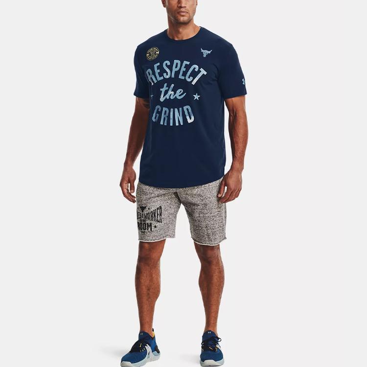 Under Armour Project Rock The Grind Letter Print American Vintage Crew Neck T-Shirt Men Tops College-Blue 1370479-408