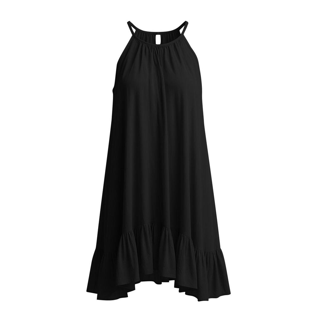 Spring Summer Sleeveless Pleated Halter Vacation Dress for Women