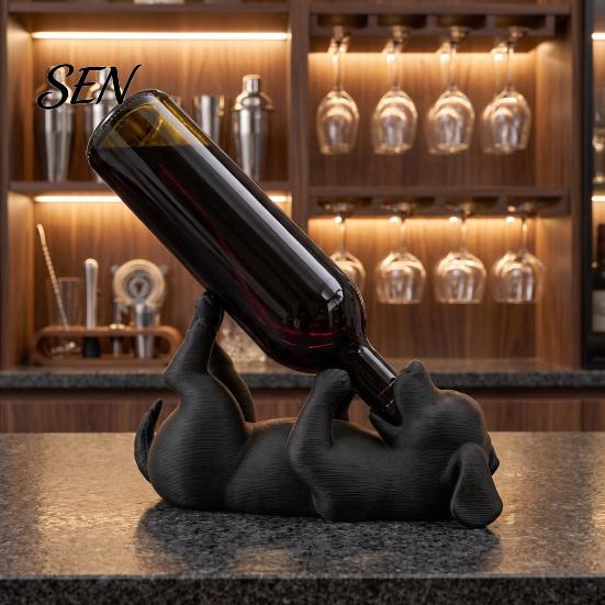 Sturdy Wine Bottle Support Lying Dog Rack, Matte Black 3D Printed Statue, Decorative Creative Animal Stand Holder for Dining Table or Bar Cabinet