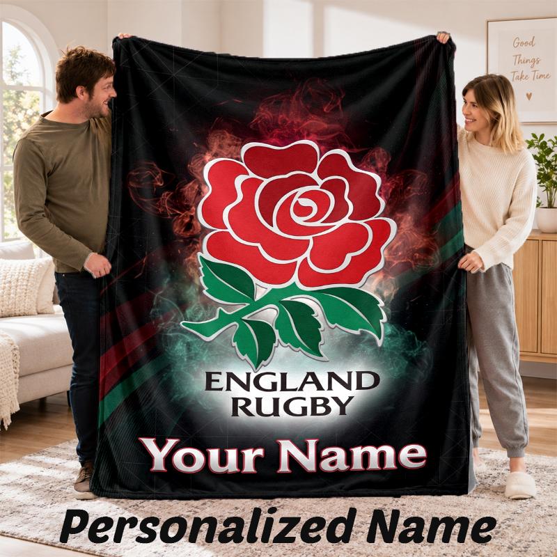 England Rugby Personalized Flannel Blanket Custom Name Text Soft Throw Blanket Home Decor