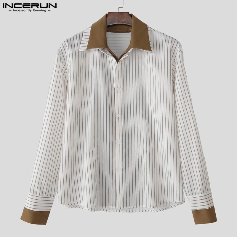 INCERUN Men's Lapel Long Sleeve Fake Two-piece Striped Print Button Up Shirts Tops