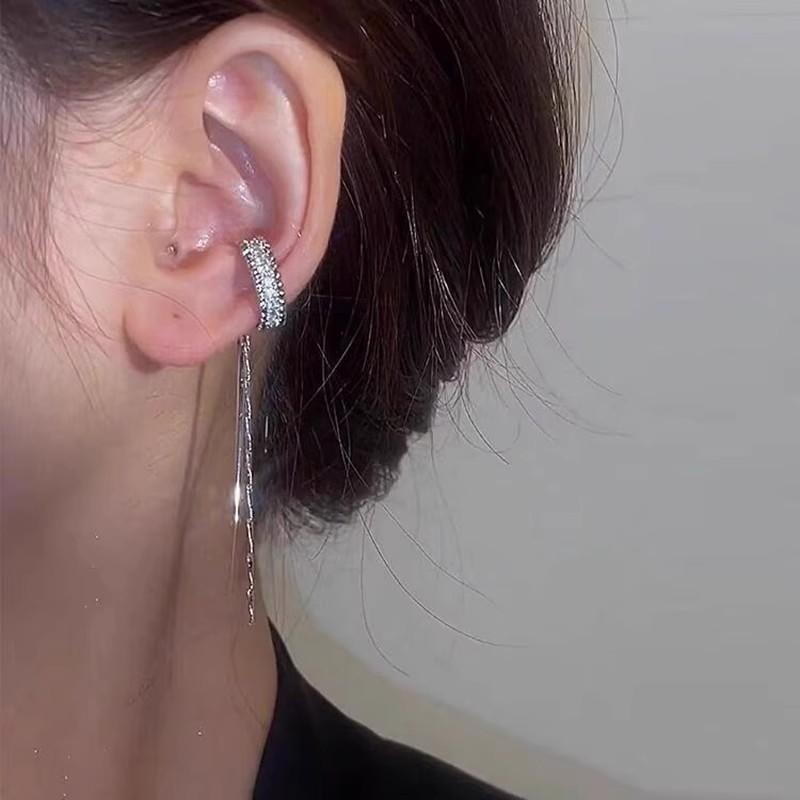 Silver Color Crystal Tassel Non-Piercing Cuff Ear Clip Earring for Women Shiny Zircon Chain Fake Cartilage Piercing Jewelry