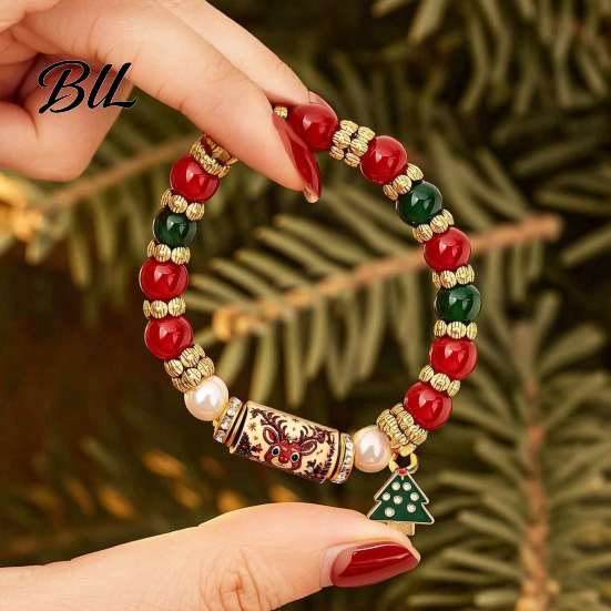 Holiday Party Outfit Accessories Christmas Bracelet, Elastic Stretch Beaded Bracelet with Xmas Jewelry Collection Tree Charm, Gifts for Women