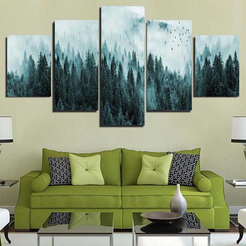 

5 шт., минималистичный туманный сосновый лес, холст, картина, темный пейзаж, туманное дерево, постеры и принты, фотографии, домашний декор, без рамки 30x40cm*2 30x60cm*2 30x80cm*1