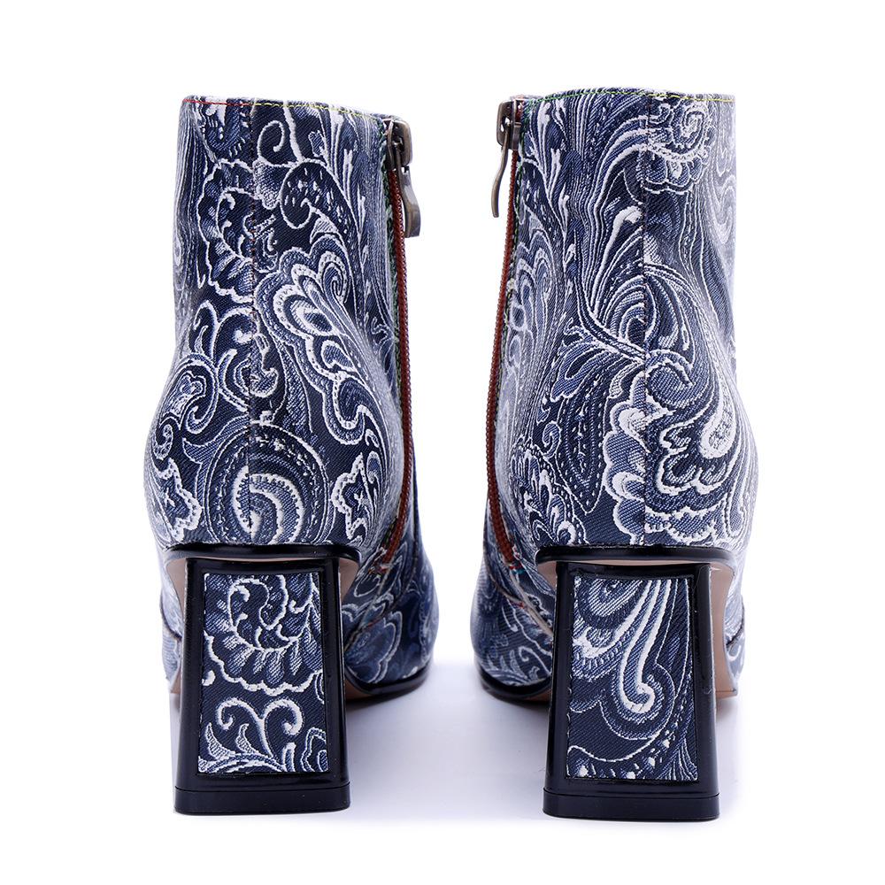 Johnature Genuine Leather Handmade Printed Comfortable Coarse Heel Side Zipper Women's Short Boots