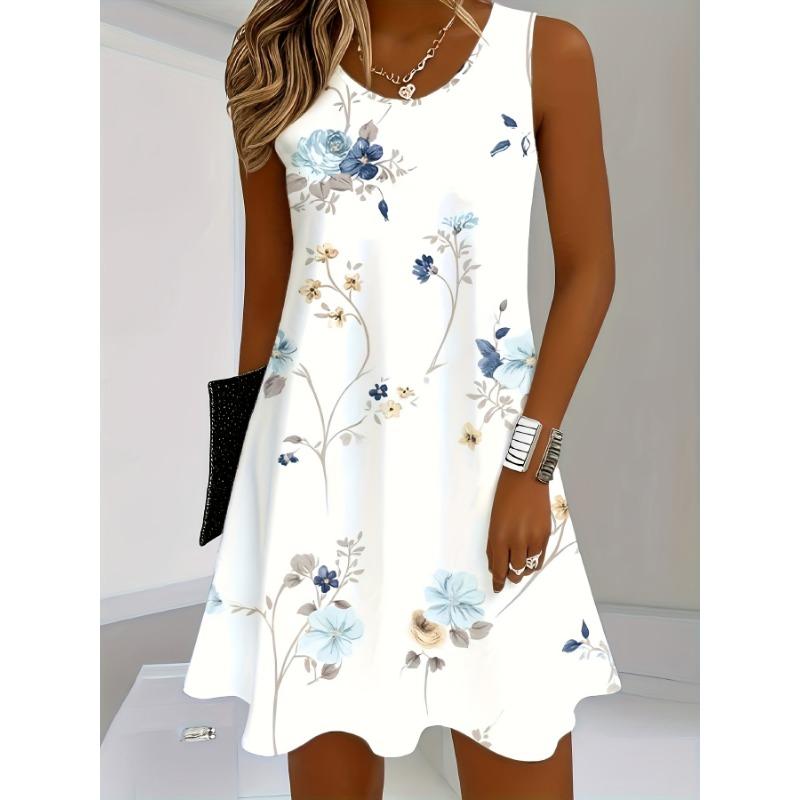 

Ladies casual printed dress with knitted fabric suitable for beach, opaque fabric, round neck design, easy to care for long skirt S