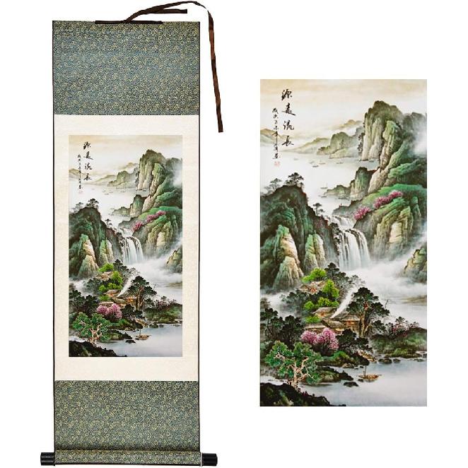 lanermoon Lanermoon Chinese Tradditional Landscape Silk Scroll Painting,Mountain and Waterfall Modern Hanging Paintings for Office Living Room