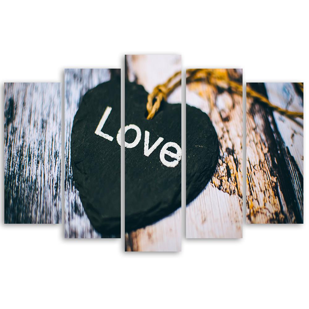 Five Piece Picture Canvas Print Heart Wood Love Shabby