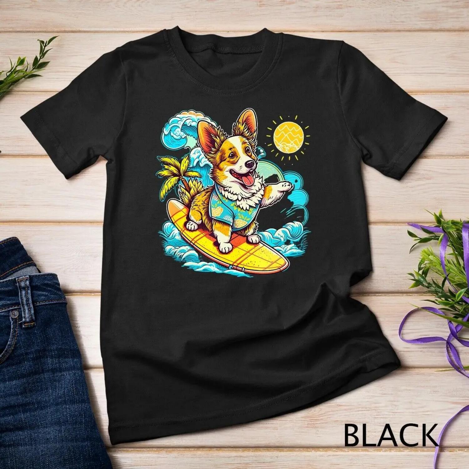 Welsh Corgi Dog Surfing with Pineapple Pattern T Shirt S