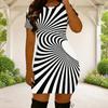 Women Plus Size Round Neck Short Sleeve Black White Printed Fitted Mini Dress