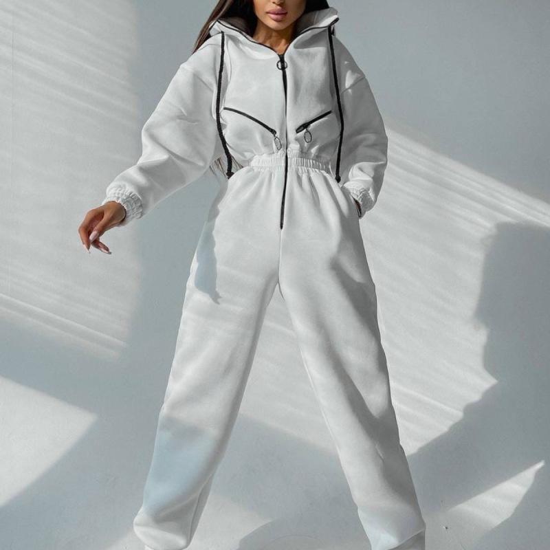 Sports and Leisure Women's Zipper Decoration Hooded Jumpsuit One-piece Suit