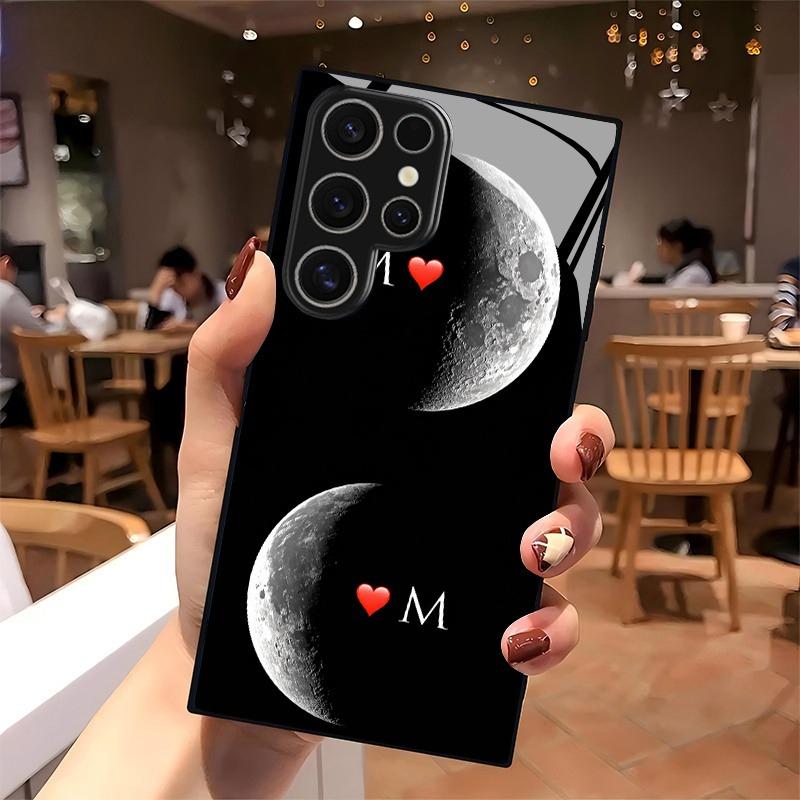 Premium Tempered Glass Phone For Galaxy S26 / S21 / S22 / S23 / S24 / S25 FE / Ultra / Plus Series. Dual Moon & Heart Design.
