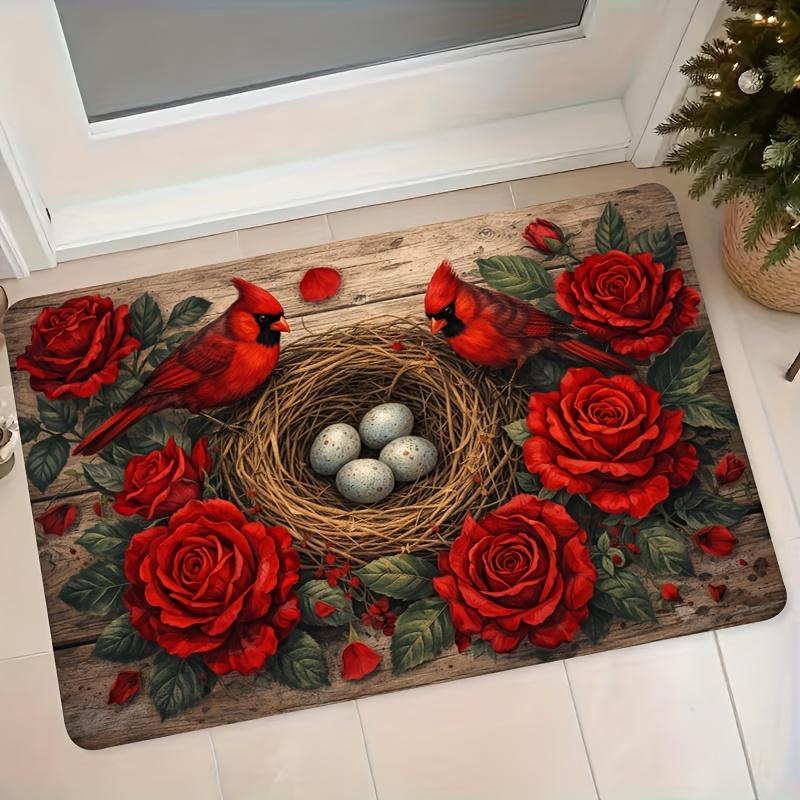 1pc Flannel Mat, Cardinal Bird Red Rose Bird'S Nest Blue Egg Pattern Entrance Door Mat Bathroom Non-Slip Water-Absorbing Foot Mat, Vintage Wooden Styl