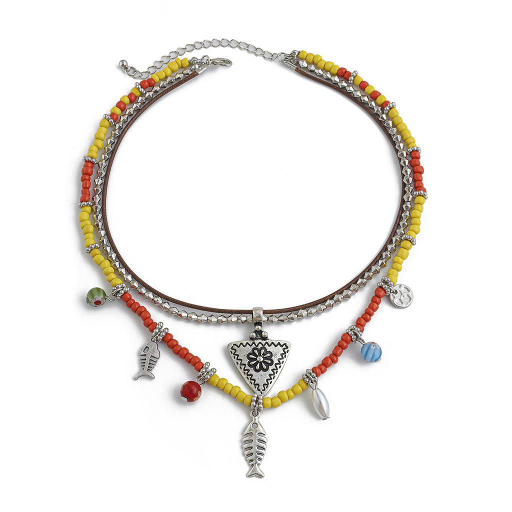 Bohemian Color Rice Beads Beaded Necklace Ethnic Style Fish Bone Flower Triangle Hang Tag Item Jewelry