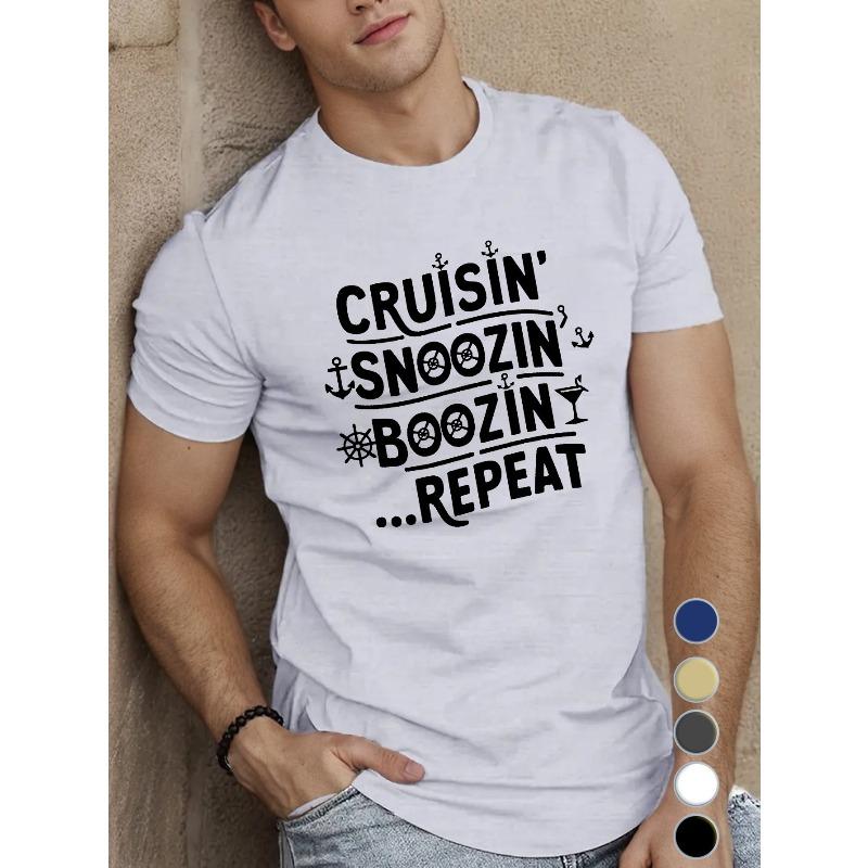

European sizes Men s Crew Neck T-Shirt - Casual Summer Knit Fabric Top with Geometric Pattern, CRUISIN SNOOZIN BOOZIN REPEAT Print 4XL білий