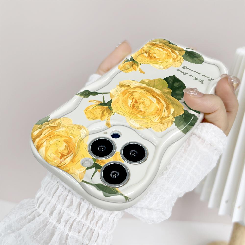 For iPhone 16 15 14 13 12 Samsung S24 S23 S22 A06 A13 A14 A15 A16 A55 Redmi Note 13 12 Beauty Rose Flowers Cream Texture Wavy Edge Soft Phone Case