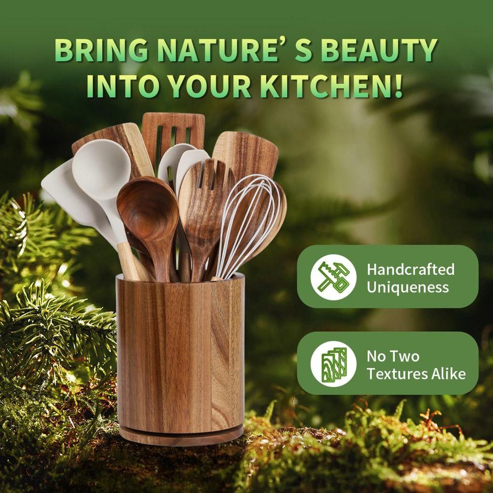 360° Rotating Cutlery Holder Wooden Storage Rack New Kitchen Utensil Holder  Countertop Use