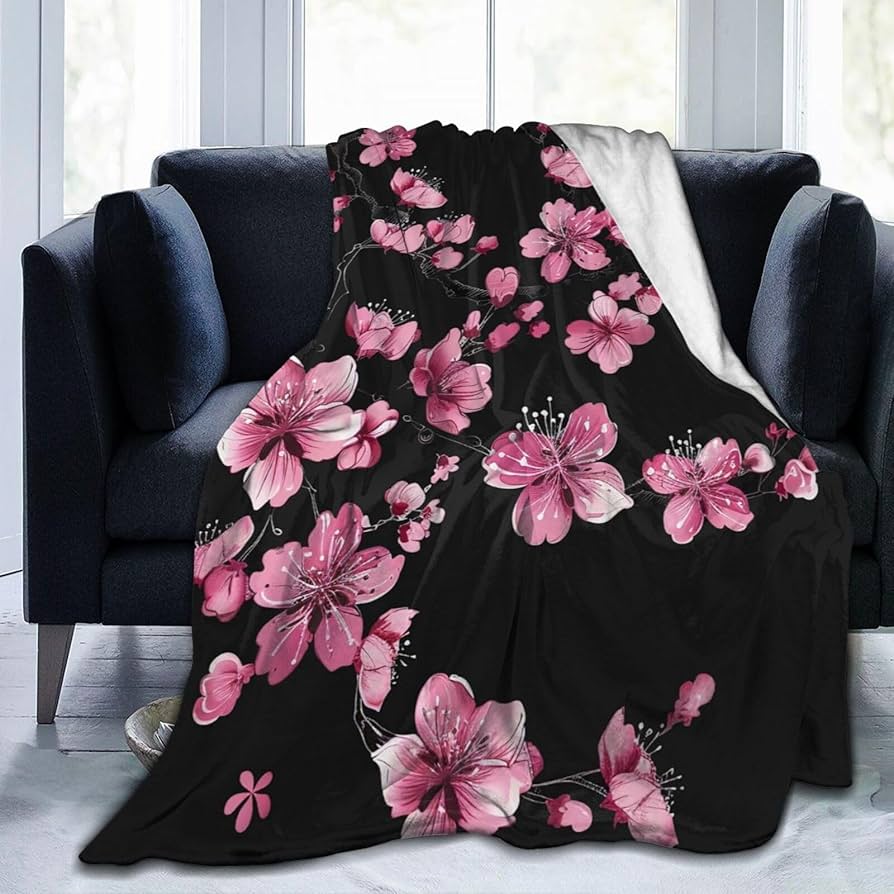 White Pink Cherry Blossom Flannel Throw Blanket Romantic Flowers King Queen Full Size For Living Room Sofa Couch Lightweight