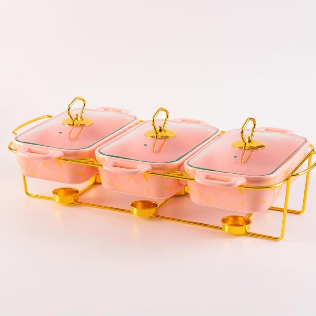 Three-grid Rectangular Ceramic Plate Soup Pot Metal Shelf Hotel Restaurant Hand-Colored Soup Pot Dry Pot Tableware Set