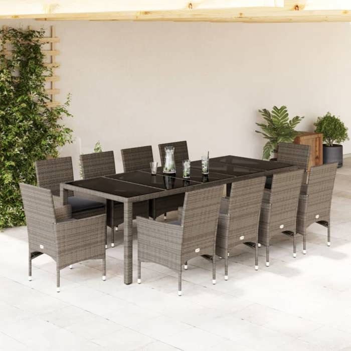 VidaXL Ensemble à manger de jardin et coussins 11 pcs gris rotin verre, ensemble de salle à manger d'extérieur 3278592