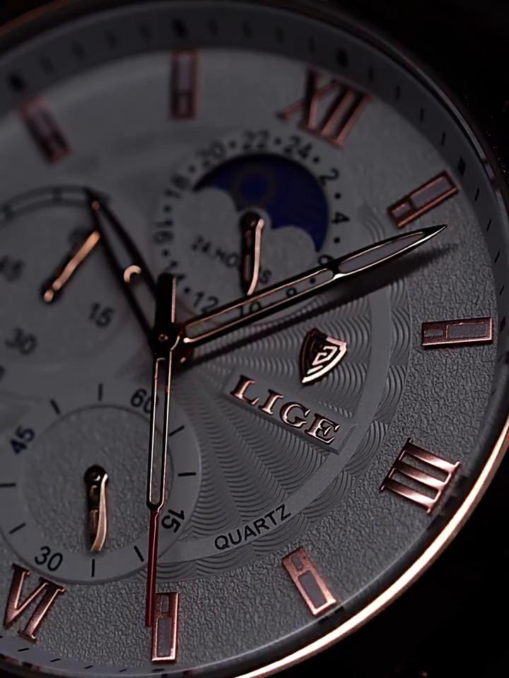 2021 LIGE Watches Mens Top Brand Luxury Clock Casual Leathe 24Hour Moon Phase Men Watch Sport Waterproof Quartz Chronograph+Box