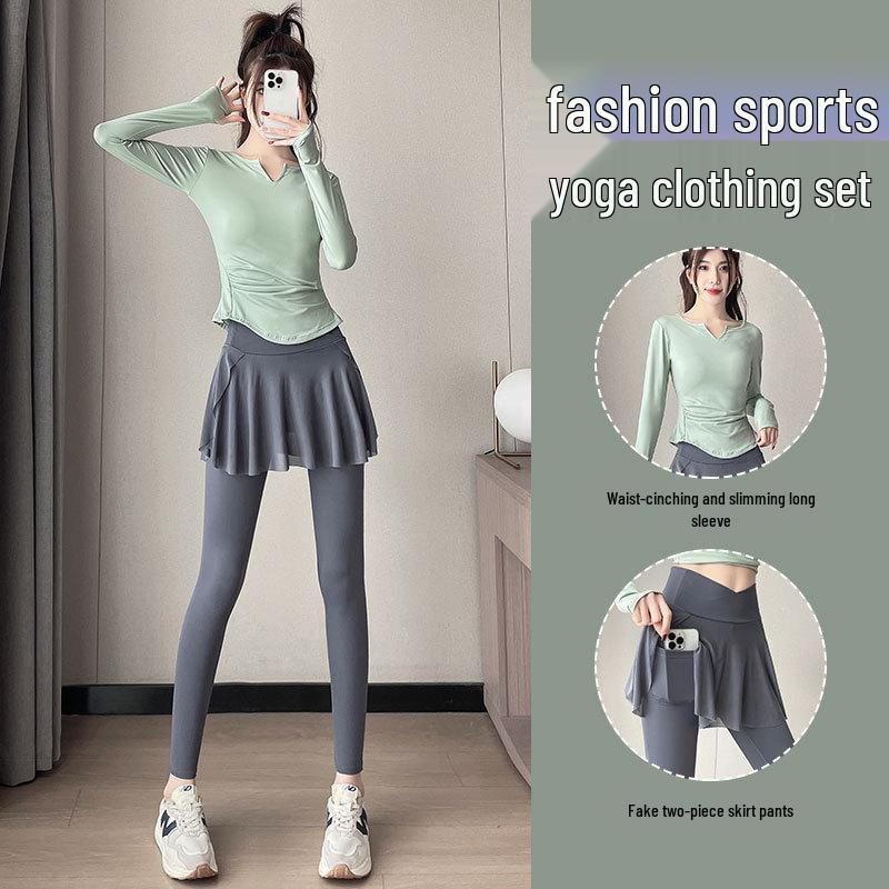 2024 Women's Professional Running Set: Long Sleeve Fitness Outfit with Skirt Pants for Morning Runs, Yoga, and Pilates.