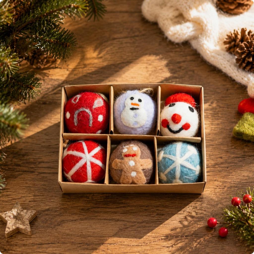6 Pieces Felt Christmas Tree Ornament Embroidered Ball with