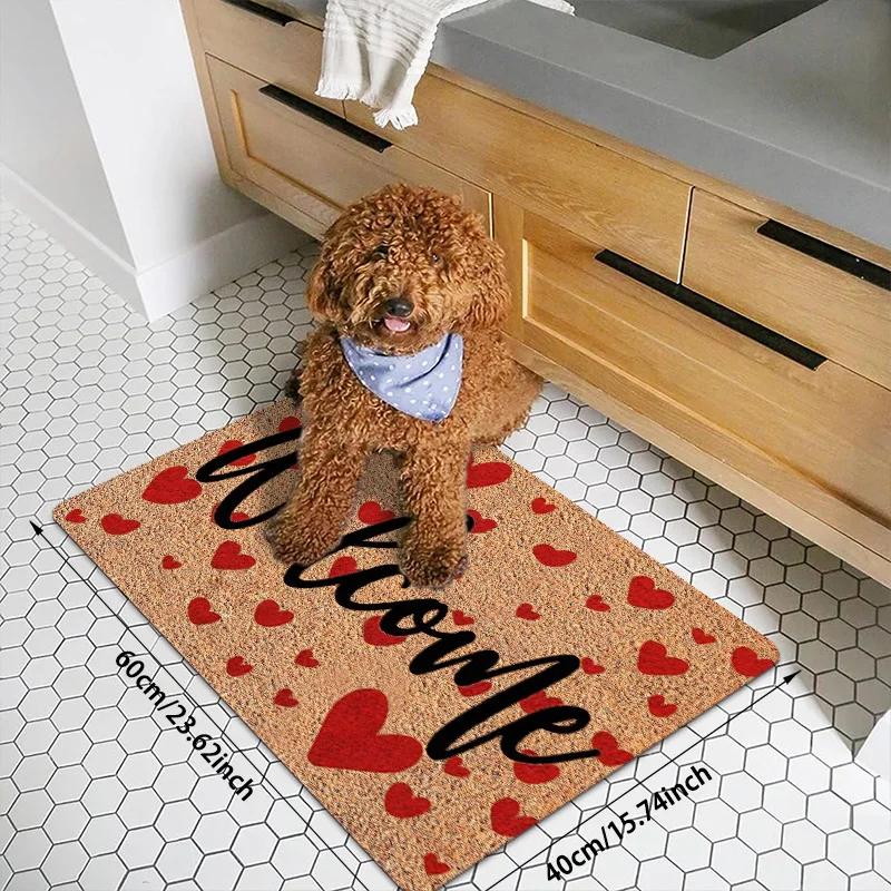 1pcs Entrance Mat, Welcome Home - Heart Elements Pattern Printed Carpet, Polyester Non-slip Floor Mat, Entrance Mat, Carpet