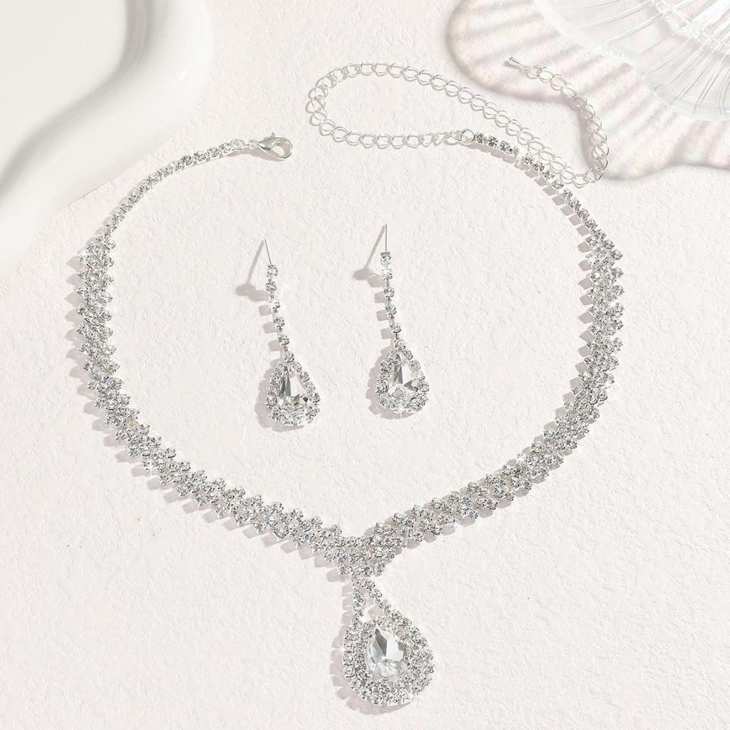 European Style Full Diamond Bridal Necklace Set - Elegant High-End Fashion Jewelry for Special Occasions