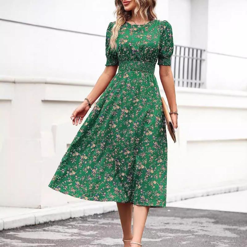 Women's Summer Crew-neck Broken Flower Bouquet Waist Swing Print Short-sleeved Dress