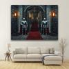 1 piece high-quality polyester Halloween background fabric featuring medieval knight and castle arch design.PMJ